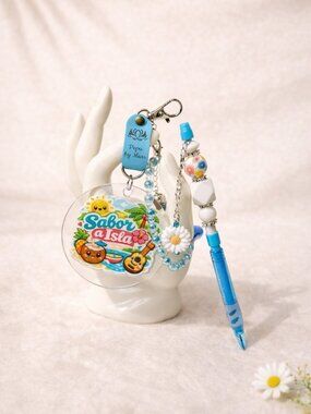“Sabor a Isla Tropical Keychain & Beaded Pen Gift Set – Cute Summer Vibes”